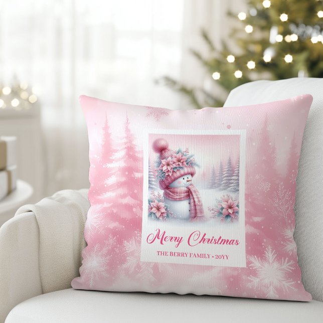 Charming Pink Snowman Christmas Scene Pillow Gift Kissen (Charming Pink Snowman Christmas Scene Pillow Gift)