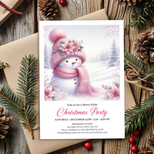 Charming Pink Snowman Editable Christmas Invite   Einladung (Charming Pink Snowman Editable Christmas Invite for Kids)
