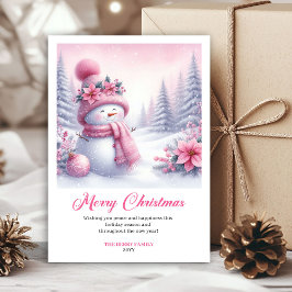 Charming Pink Snowman Kids Editable Christmas Card Feiertagskarte