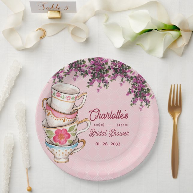 Charming Pink Teacup Floral Bridal Shower Party Pappteller (Hochzeit)