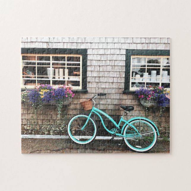 Charming Quaint Cape Cod Blue Bicycle Blume Chic Puzzle (Horizontal)