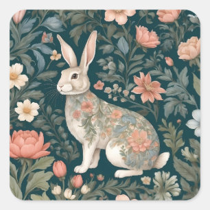 Charming Rabbit William Morris Inspirierte floral Quadratischer Aufkleber