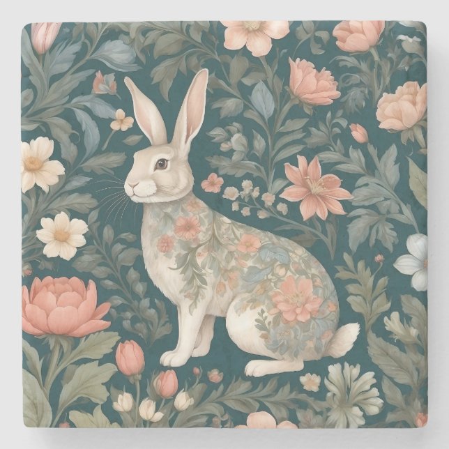 Charming Rabbit William Morris Inspirierte floral Steinuntersetzer (Vorderseite)
