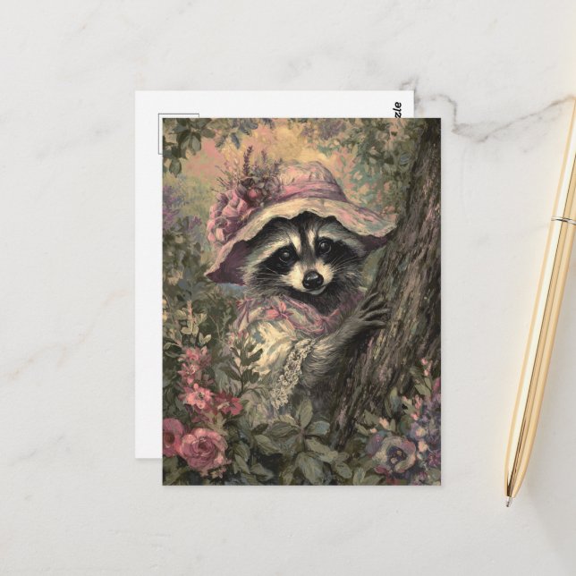 Charming Raccoon in einem Kleid und Bonnet Postkarte (Vorderseite/Rückseite Beispiel)