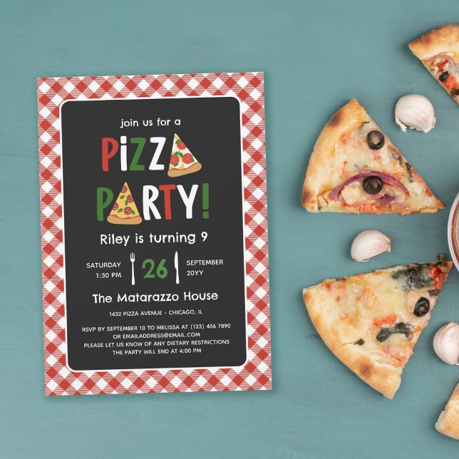 Charming Red Gingham Pizza Party Geburtstag Einladung (Von Creator hochgeladen)