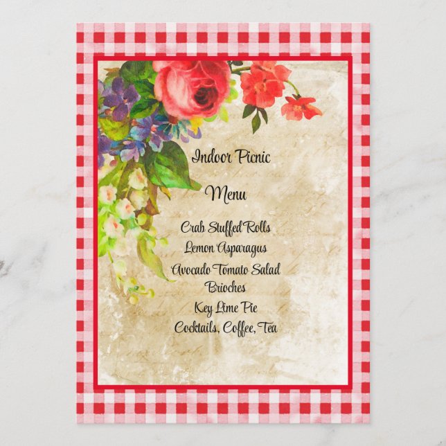 Charming Red Gingham und Blume Menu Card Menükarte (Vorderseite)