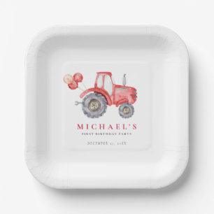 Charming Red Tractor Birthday Pappteller