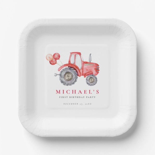 Charming Red Tractor Birthday Pappteller (Vorderseite)
