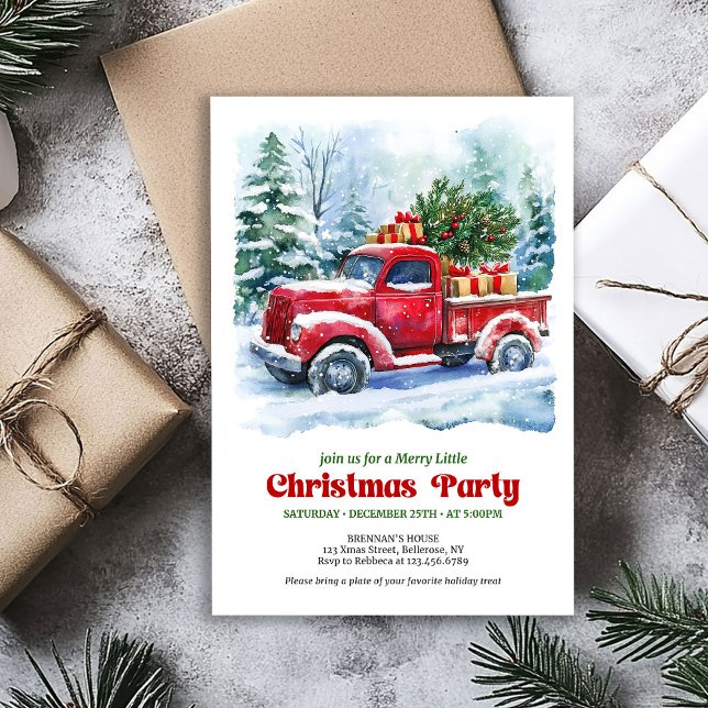 Charming red truck Christmas scene rustic invites Einladung (Classic Christmas party invitation,
modern Traditional red truck car,
watercolor cozy Christmas scen)