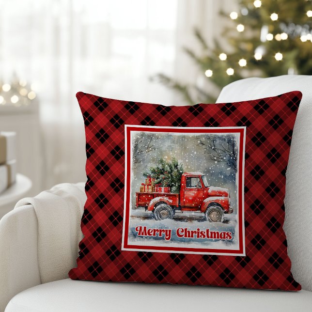 Charming red truck winter scene rustic holiday  kissen (Charming red truck winter scene rustic holiday Throw Pillow )
