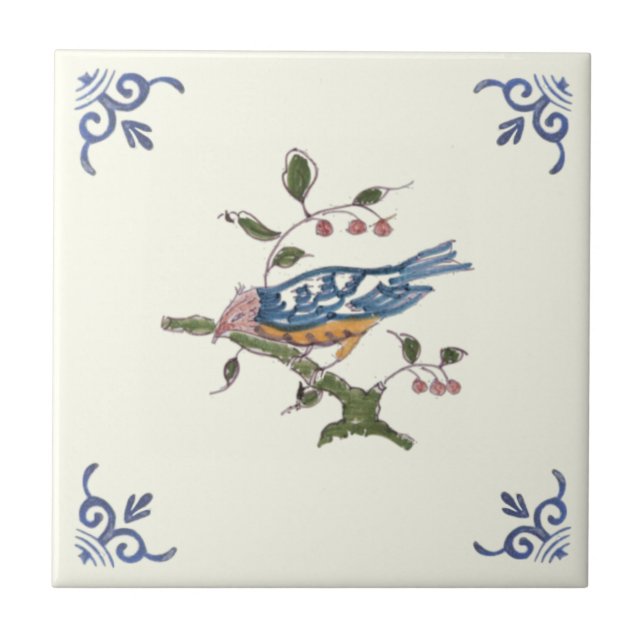 Charming Repro Delft Bird auf Zweig mit Berries Fliese (Vorderseite)