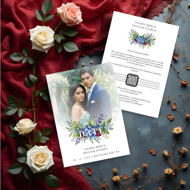 Charming Romantic Floral & Transparency Overlay Save The Date (Charming Romantic Floral & Transparency Overlay Wedding Save the Date Cards with Photo and QR Code.)