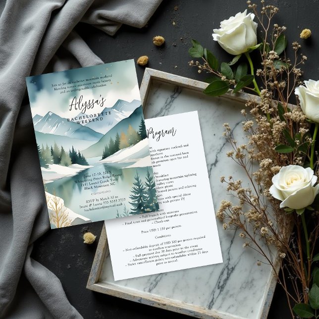 Charming Rustic Mountains Landscape Watercolor Einladung (Charming Rustic Mountains Landscape Watercolor effect Bachelorette Weekend Invitation Design.)