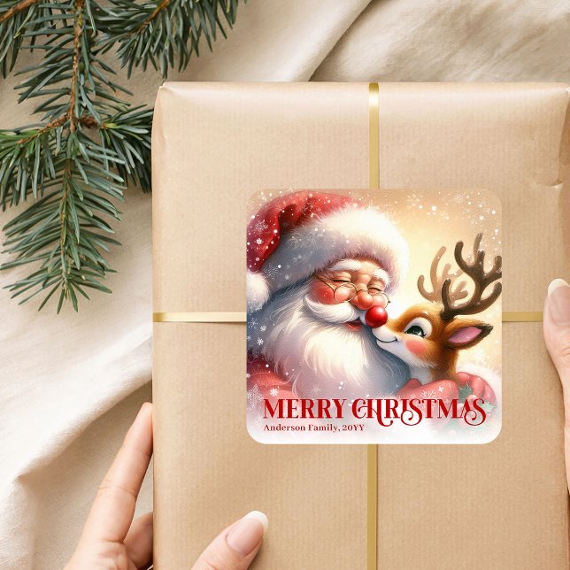 Charming Santa Rudolph Personalized Christmas Kids Quadratischer Aufkleber (Charming Santa Rudolph Personalized Christmas Kids Sticker)