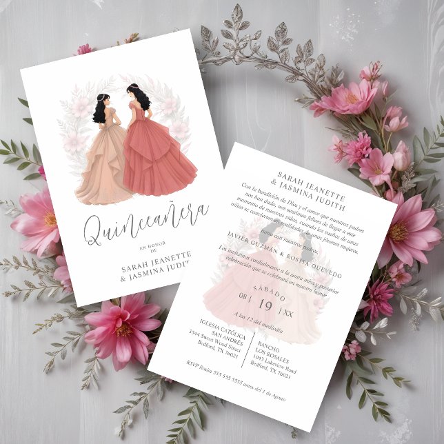 Charming Spanish Dusty Pink Shades XVs Twins Einladung (Charming Spanish Dusty Pink Shades Quinceañera Twins Invitations Cards.)