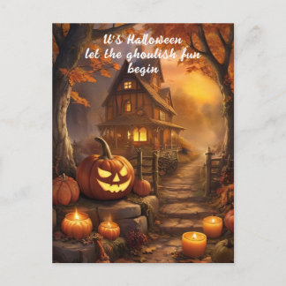 Charming Spooky Halloween-Hütte mit Pumpkins Postkarte