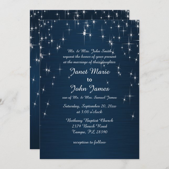 Charming Star Struck Wedding | Navy Blue Einladung (Vorne/Hinten)