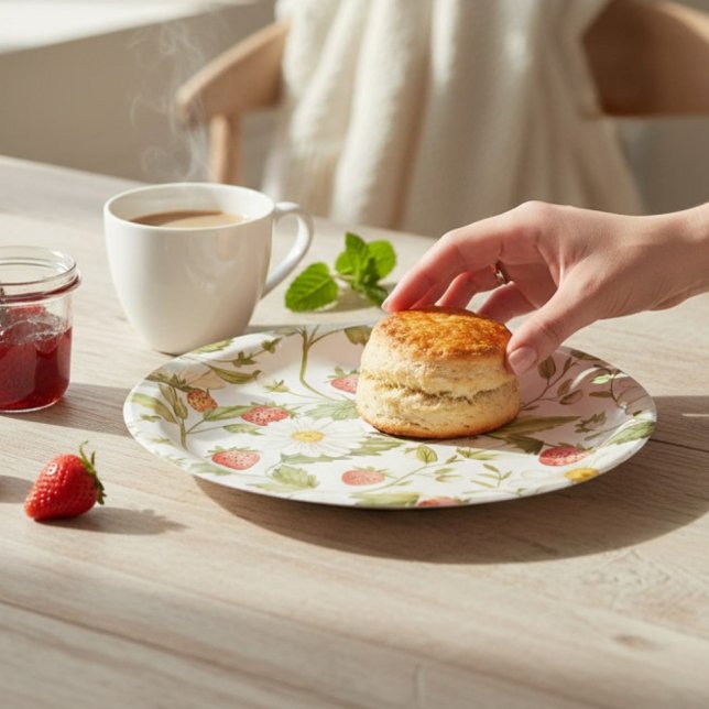 Charming Strawberry Daisy Botanical Watercolor  Pappteller (Von Creator hochgeladen)