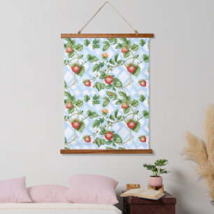 Charming Strawberry & Leaf Muster - Vintag Wandteppich Mit Holzrahmen
