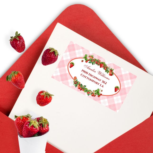 Charming Strawberry Pink Gingham Baby Dusche Adressaufkleber (Von Creator hochgeladen)