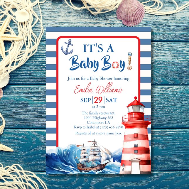 Charming Striped Blue Red Nautical Ahoy Baby Boy Einladung (Von Creator hochgeladen)
