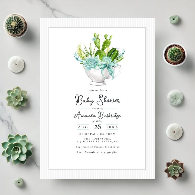 Charming Succulent Teacup Babydusche Einladung (Charming Succulent Teacup Baby Shower Invitation)