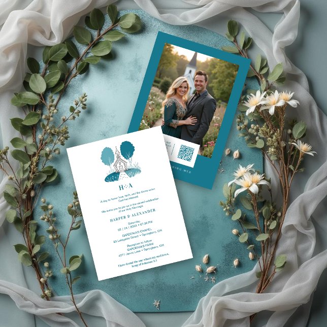 Charming Teal Church Christian Wedding Einladung (Charming Teal Church Illustration Christian Wedding Invitation Cards with Back Photo & QR Code.)