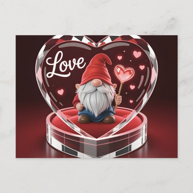Charming Valentine Gnome in Crystal Heart Display  Postkarte (Vorderseite)