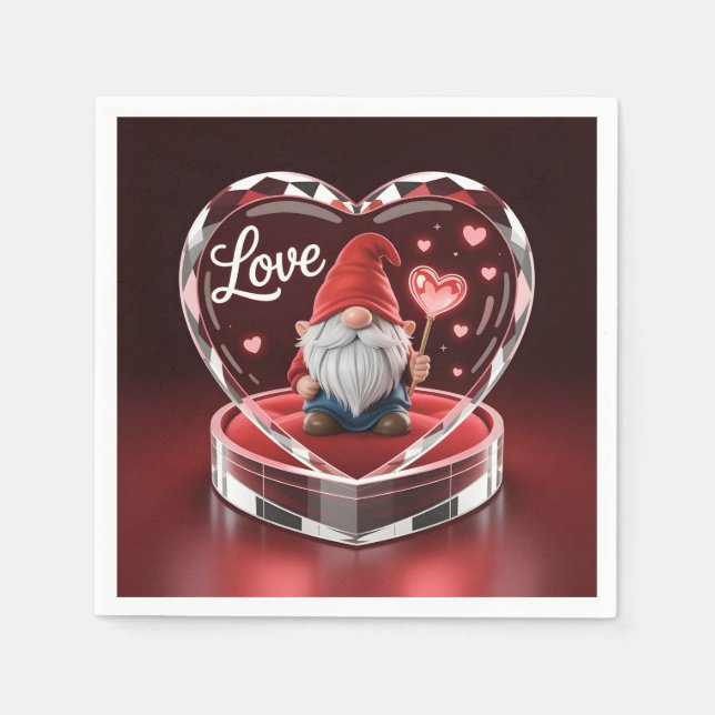 Charming Valentine Gnome in Crystal Heart Display  Serviette (Vorderseite)