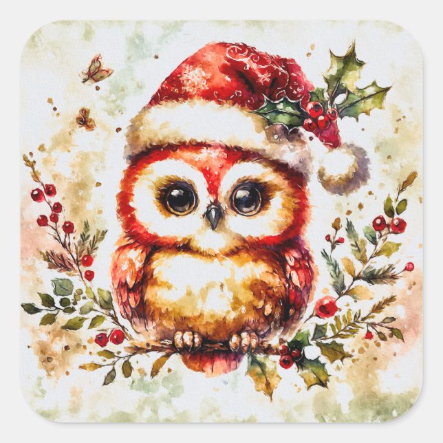 Charming Vintage Christmas Owl Quadratischer Aufkleber (Vorderseite)