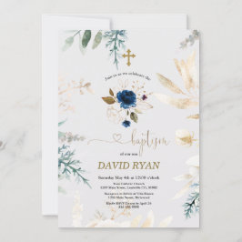 Charming Watercolor Blue Floral Gold Taufe Einladung