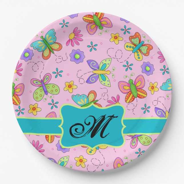 Charming Whimsy Butterfets Pink Monogram Pappteller (Vorderseite)