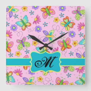 Charming Whimsy Butterfets Pink Monogram Quadratische Wanduhr