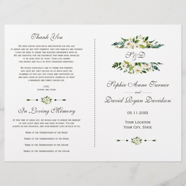 Charming White Blooming Floral Wedding Programm Flyer (Vorne)