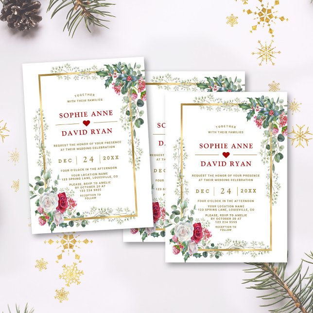 Charming White Bloral Gold Weihnachtsfeier Einladung (winter red white flowers wedding invite, christmas arrangement wedding invitation)
