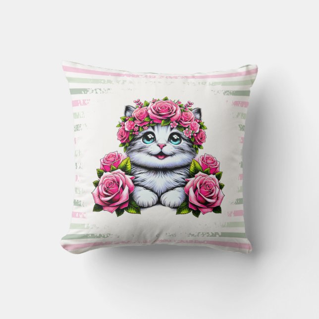 Charming White Cat with Floral Crown  Kissen (Vorderseite)