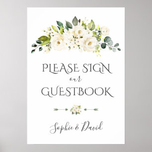 Charming White Cream Floral Gästebuchunterschrift Poster