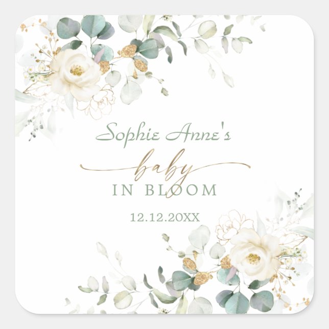 Charming White Floral Airy Blätter Baby in Bloom Quadratischer Aufkleber (Vorderseite)