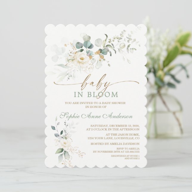Charming White Floral Airy Leaves Baby in Bloom Einladung (Stehend Vorderseite)