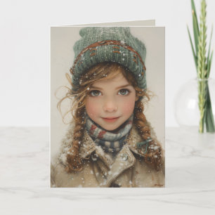Charming Winter Portrait Young Girl Feiertagskarte