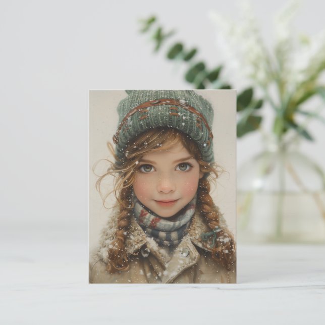Charming Winter Portrait Young Girl Postkarte (Stehend Vorderseite)