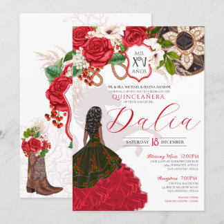 Charra Quinceañera Rote Rose Floral Wappen Western Einladung