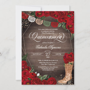 Charra Rustic Cowgirl Boots Rote Rosen Quinceañera Einladung
