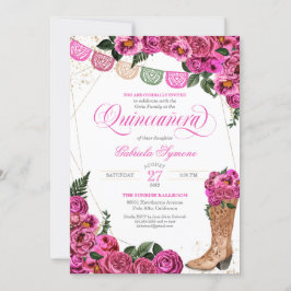 Charra Rustic Cowgirl Pink Rose Quinceañera Invita Einladung