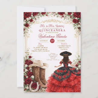 Charra Western Quince rote Rose Quinceañera Einladung