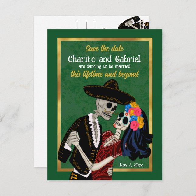 Charro Catrina Sugar Skulls Green Save the Date Postkarte (Vorne/Hinten)