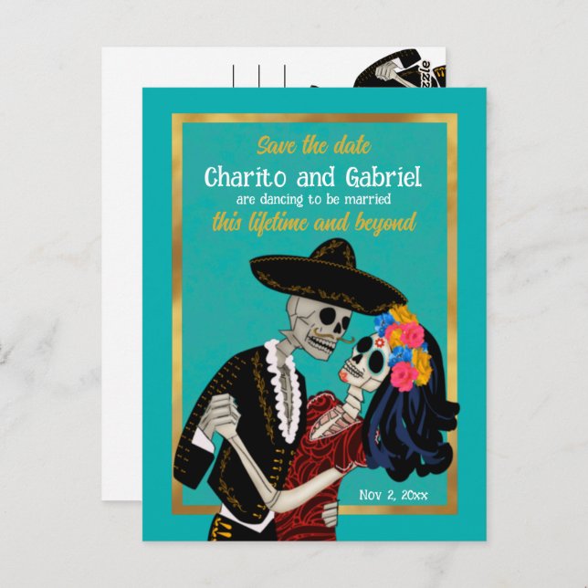 Charro Catrina Sugar Skulls Save the Date Aquamari Postkarte (Vorne/Hinten)