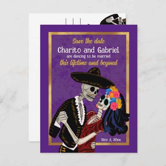 Charro Catrina Sugar Skulls Save the Date Lila Postkarte (Vorne/Hinten)