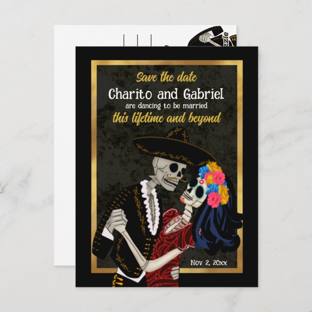 Charro Catrina Sugar Skulls Schwarz Save the Date Postkarte (Vorne/Hinten)