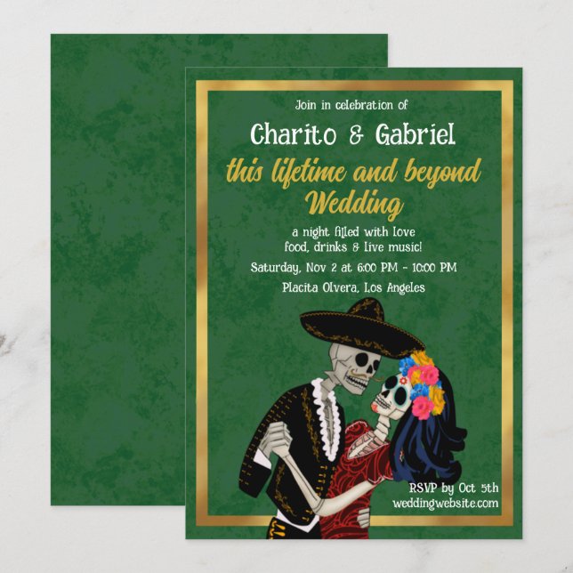 Charro Catrina Sugar Skulls tanzen Grüne Hochzeit Einladung (Vorne/Hinten)